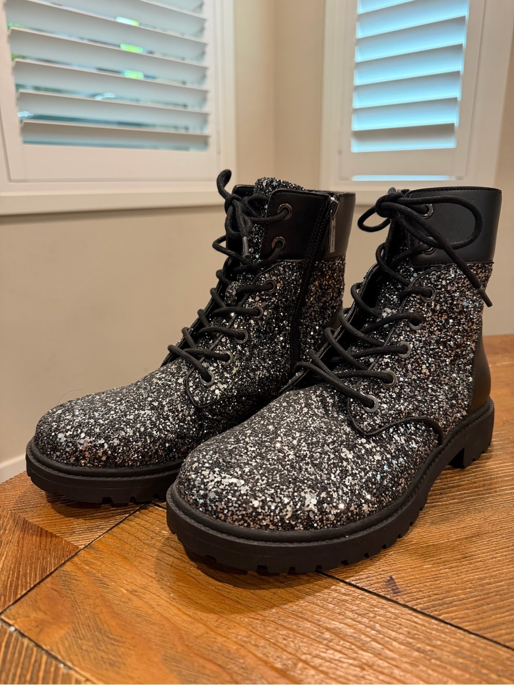 Michael Kors MK Alistair Glitter Black Lug sole combat boots